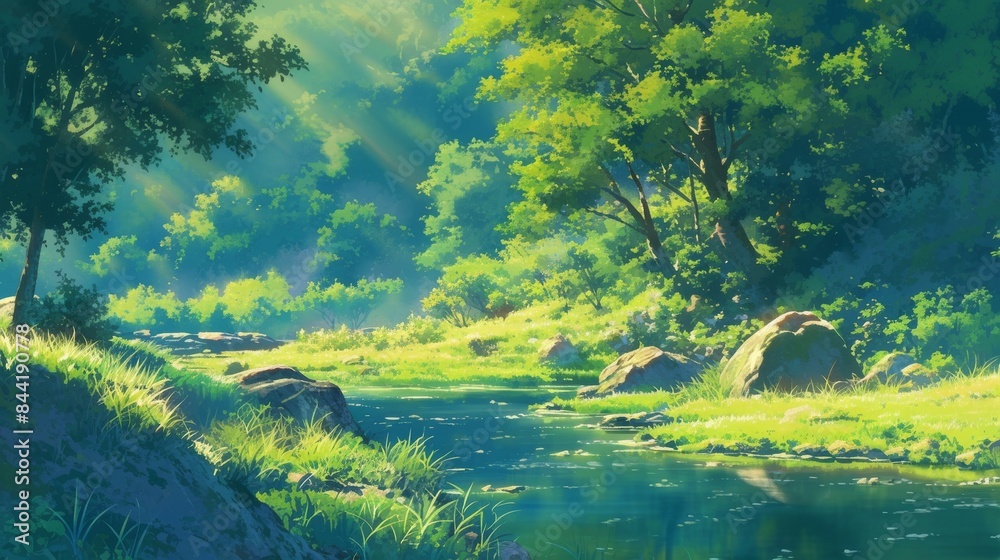 Sunlit Stream Through a Lush Forest Sunlit Stream Through a Lush Forest