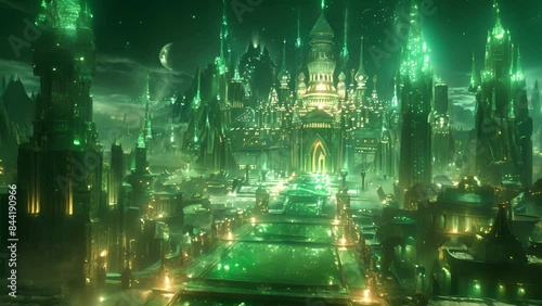 As you approach the city gates the roads beneath your feet are paved with sparkling emeralds creating a dazzling path towards the grand palace at the center.