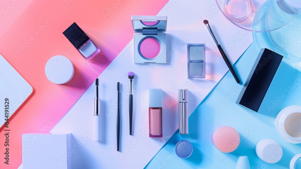 Makeup products arranged in a visually appealing flat lay setup. Makeup products arranged in a visually appealing flat lay setup.