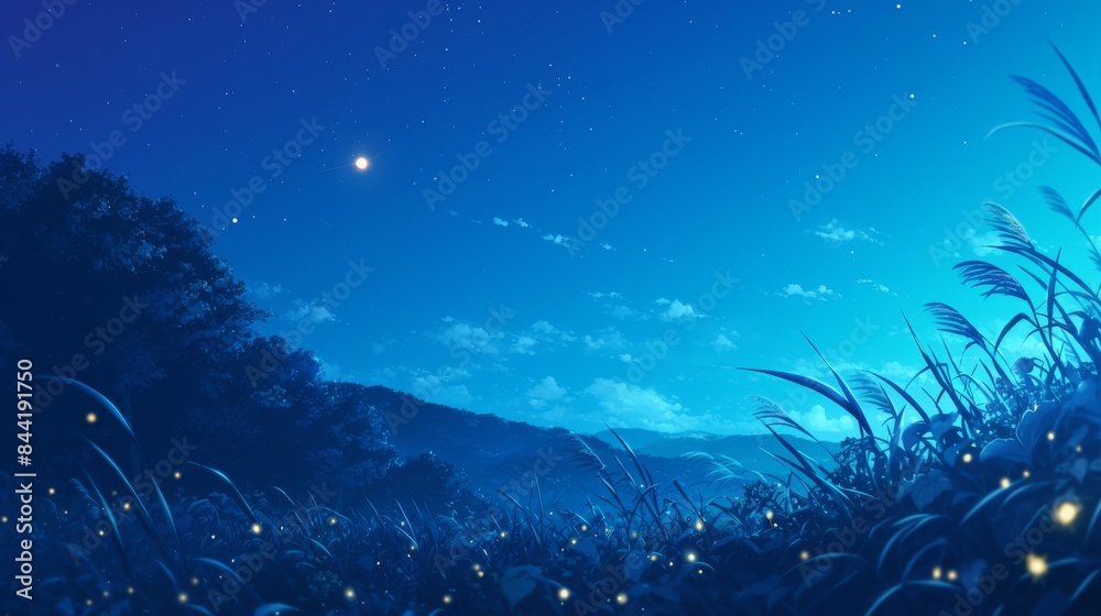 Nighttime Landscape with Fireflies and a Distant Moon
