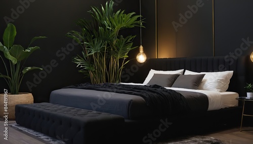 black luxury bed room with plant