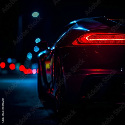 Sports car in the night with lights in the distance