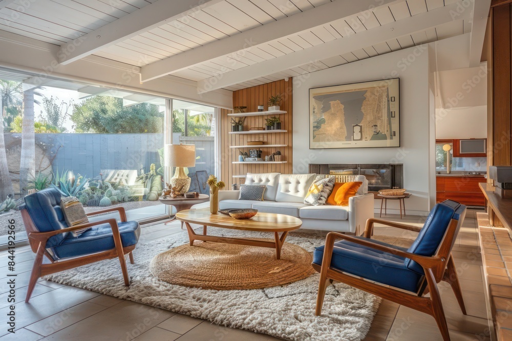 Modern mid-century living room with white sofa and blue leather chairs around wooden coffee table for stylish home interior design Modern mid-century living room with white sofa and blue leather chairs around wooden coffee table for stylish home interior design