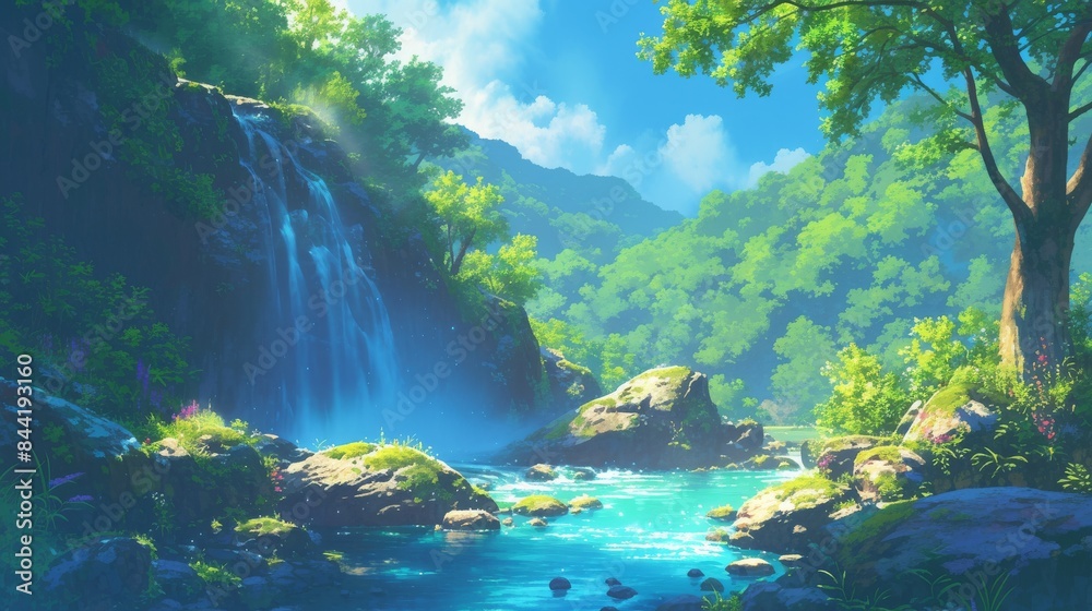 Tranquil Waterfall in a Lush Forest Tranquil Waterfall in a Lush Forest