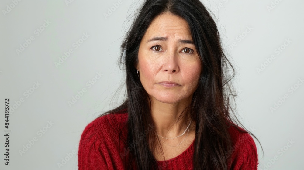 Asian woman in red sweater with long black hair looking at camera in a fashion photo shoot