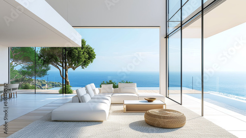 modern living room interior with large windows offering a sea view in luxury home or apartment. big living room minimalist Mediterranean interior to sea view hight summertime