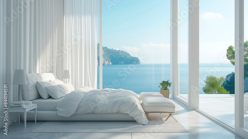 Luxury Modern Living bedRoom in a Spacious Apartment with Sea View. beautiful minimalist bedroom to sea view high