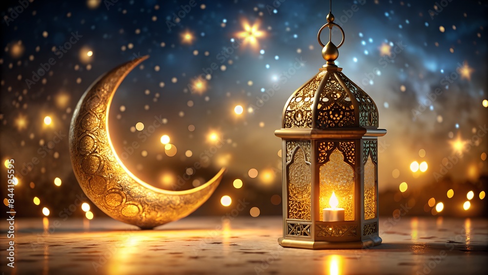 Elegant Shimmering 3D Islamic Lamp with Star and Moon. Perfect for: Ramadan, Raya Hari, Eid al-Adha, Islamic holiday celebrations, holiday greeting cards, festive banners, event invitations. Elegant Shimmering 3D Islamic Lamp with Star and Moon. Perfect for: Ramadan, Raya Hari, Eid al-Adha, Islamic holiday celebrations, holiday greeting cards, festive banners, event invitations.