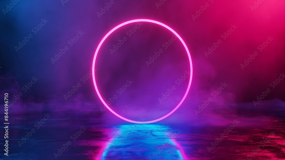 A smoky empty room with a light blue neon glowing ring. A smoky empty room with a light blue neon glowing ring.