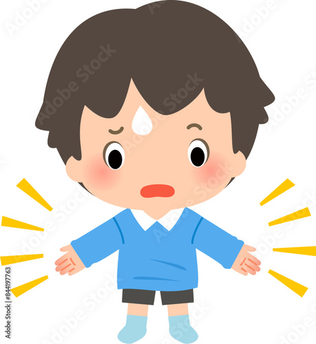大きすぎる長袖シャツを着て戸惑う男の子