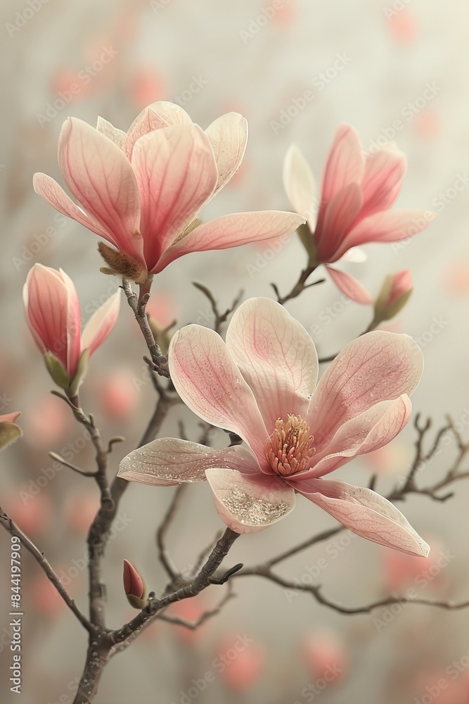Beautiful magnolia blossoms with a soft beige blurred background. Beautiful magnolia blossoms with a soft beige blurred background.