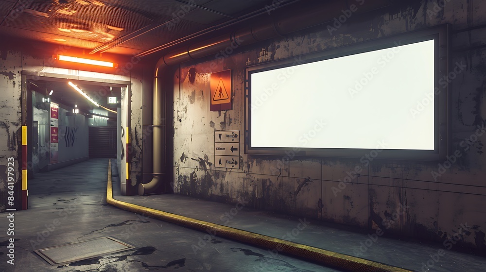 Underground hallway corner featuring a small blank billboard with directional signs. Underground hallway corner featuring a small blank billboard with directional signs.