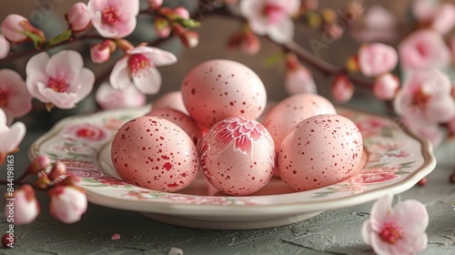 Pink chocolate eggs with pink and white sprinkles on a white plate with pink flowers in the background.