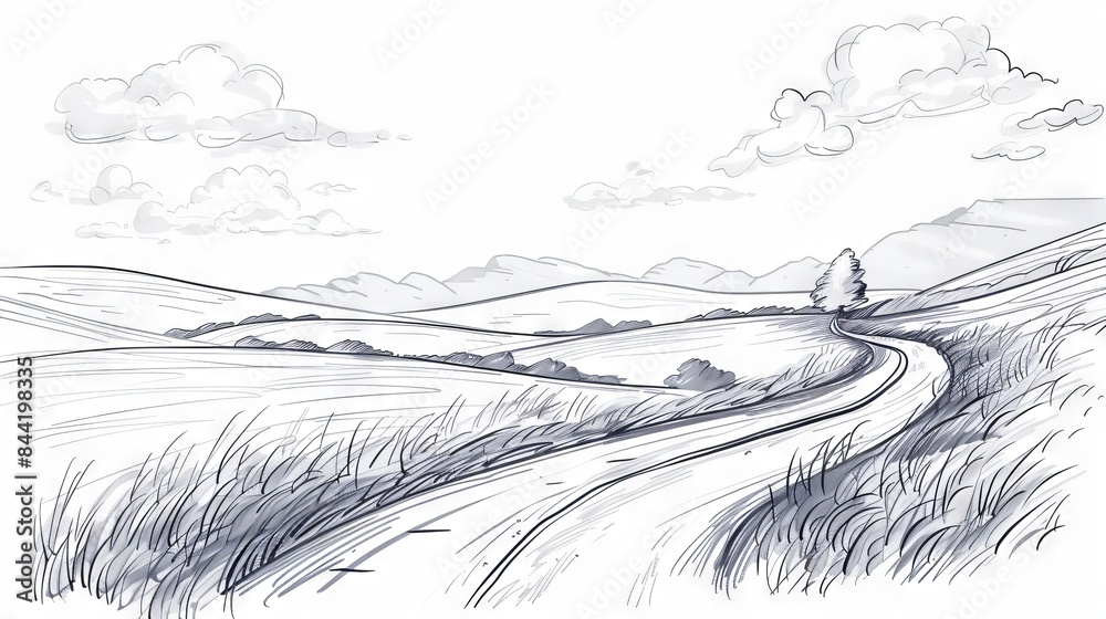 Fototapeta premium Clean line sketch of a road winding through scenic countryside, representing road trips and adventure.