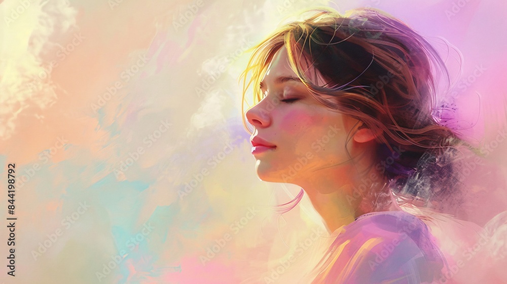 A captivating blend of light and color, with a contemplative woman as its focal point, her features bathed in the soft glow of pastel hues, Generative AI A captivating blend of light and color, with a contemplative woman as its focal point, her features bathed in the soft glow of pastel hues, Generative AI