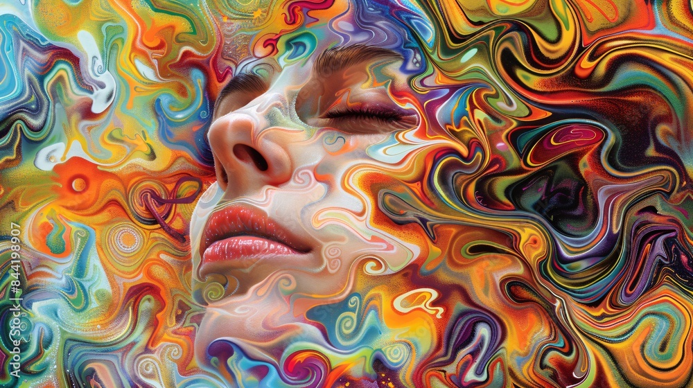 A captivating portrait of introspection, with a woman's gentle features framed by a kaleidoscope of colors, Generative AI A captivating portrait of introspection, with a woman's gentle features framed by a kaleidoscope of colors, Generative AI