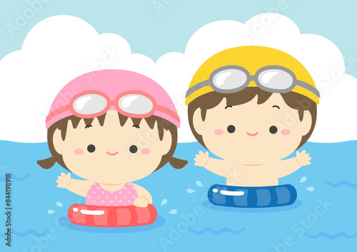 夏のイラスト、海で遊ぶかわいい子供たち01