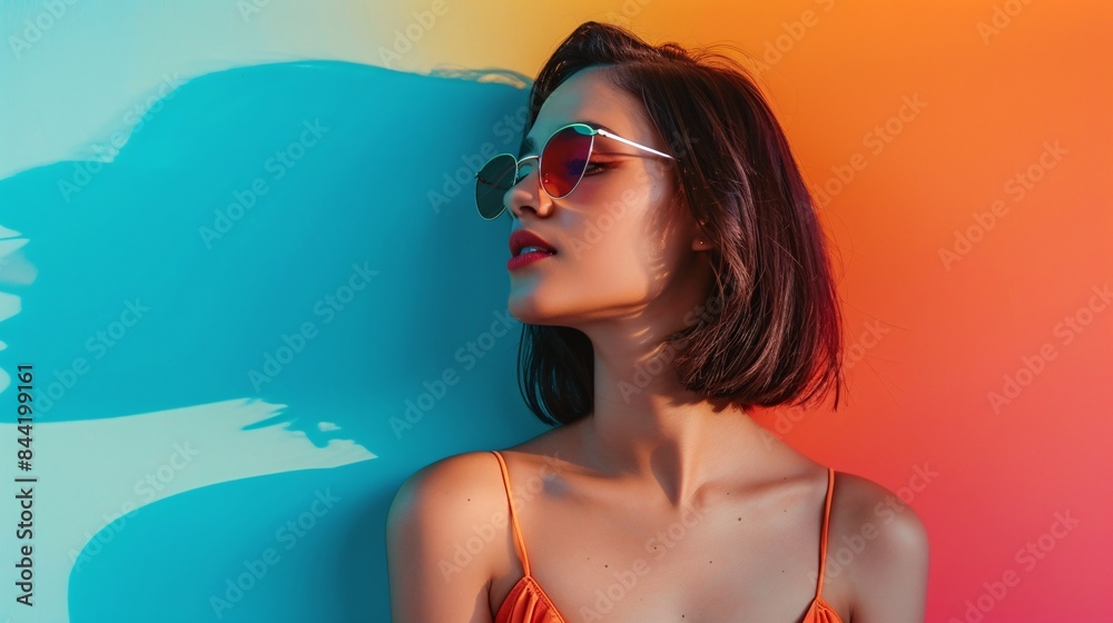A cheerful portrayal of a young, dreamy woman in a top, her eyes filled with wonder as she smiles while standing against a captivating isolated color background, Generative AI A cheerful portrayal of a young, dreamy woman in a top, her eyes filled with wonder as she smiles while standing against a captivating isolated color background, Generative AI
