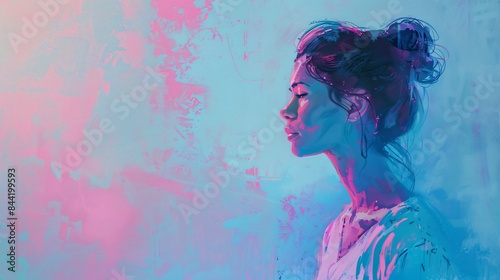 A moment of quiet contemplation captured amidst a symphony of pastel hues, the woman's expression serene and dreamy against empty space and isolated colors, Generative AI
