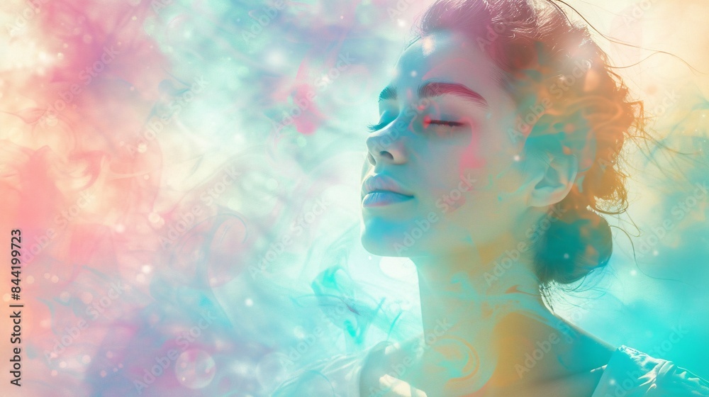 A portrait of tranquility, featuring a dreamy woman set against a background of empty space and various isolated colors, Generative AI A portrait of tranquility, featuring a dreamy woman set against a background of empty space and various isolated colors, Generative AI