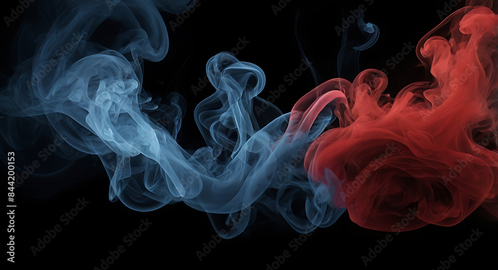 Fototapeta premium Red and blue smoke on a dark background, representing verses or opponent concept, half part blue smoke half part red smoke 