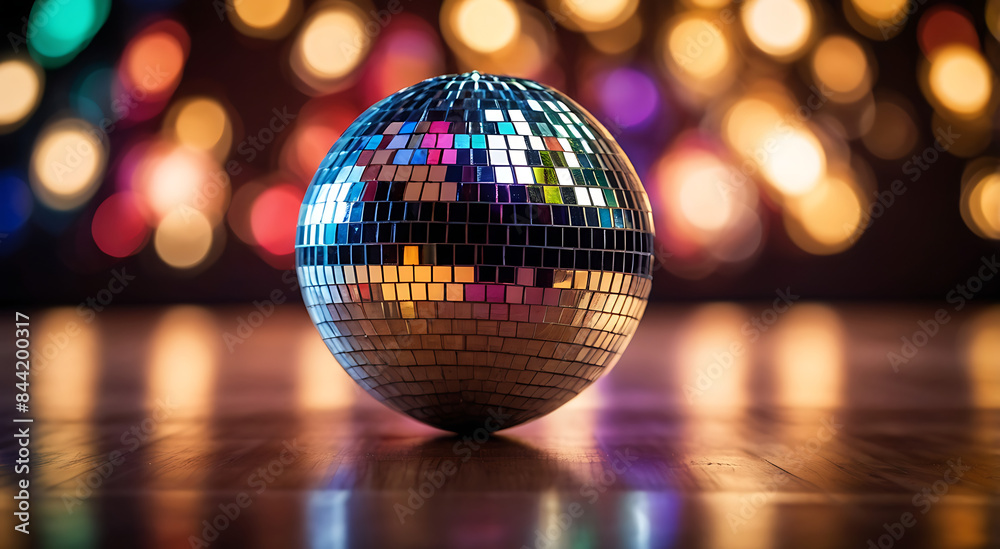 Obraz premium A disco ball with colorful lights and reflection in the dance floor background with nokeh blur and copy space, house or club party concept 