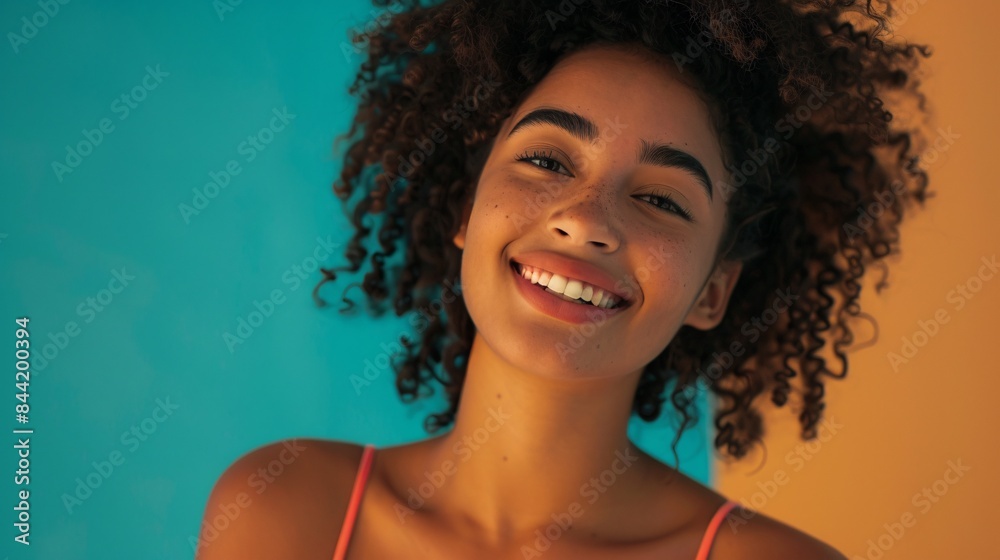 An endearing image capturing the beauty of a dreamy woman wearing a top, her smile illuminating the frame as she looks into empty space against a vivid isolated color backdrop, Generative AI An endearing image capturing the beauty of a dreamy woman wearing a top, her smile illuminating the frame as she looks into empty space against a vivid isolated color backdrop, Generative AI
