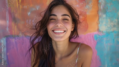 An enchanting portrait capturing the innocence and charm of a cute, dreamy woman in a top, her eyes sparkling as she smiles against a colorful isolated backdrop, Generative AI