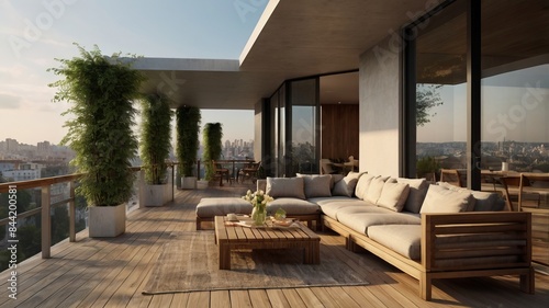 Modern Terrace with Panoramic City View and Lush Greenery with sofa and table © Henry