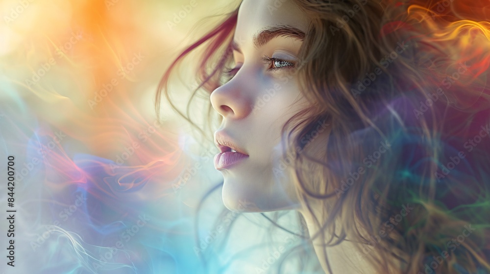 Soft focus accentuating the dreamy quality of a woman's expression against a backdrop of empty space and shifting isolated colors, Generative AI Soft focus accentuating the dreamy quality of a woman's expression against a backdrop of empty space and shifting isolated colors, Generative AI