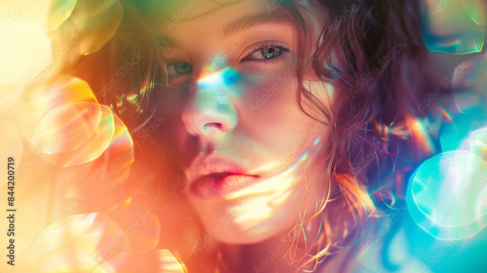 Soft focus accentuating the dreamy quality of a woman's expression against a backdrop of shifting colors, Generative AI Soft focus accentuating the dreamy quality of a woman's expression against a backdrop of shifting colors, Generative AI