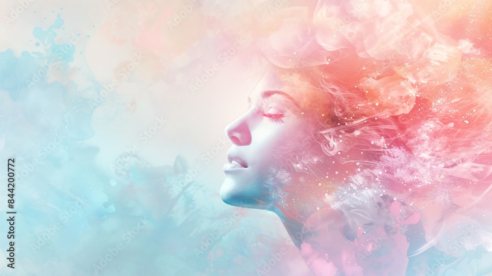 Fototapeta premium Soft pastel hues surrounding a whimsical woman, with empty space behind her allowing for versatile use in designs, Generative AI