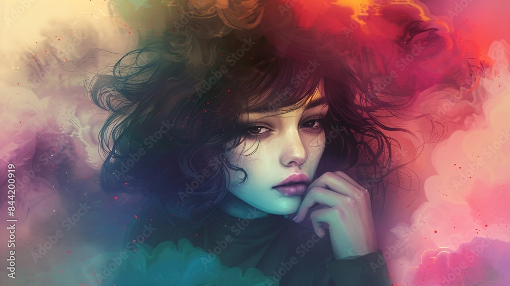 The allure of imagination captured in the form of a cute, contemplative lady, with isolated colors creating a dynamic backdrop, Generative AI The allure of imagination captured in the form of a cute, contemplative lady, with isolated colors creating a dynamic backdrop, Generative AI