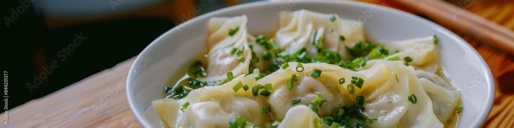 A bowl of delicious wontons with a simple minimal setting.