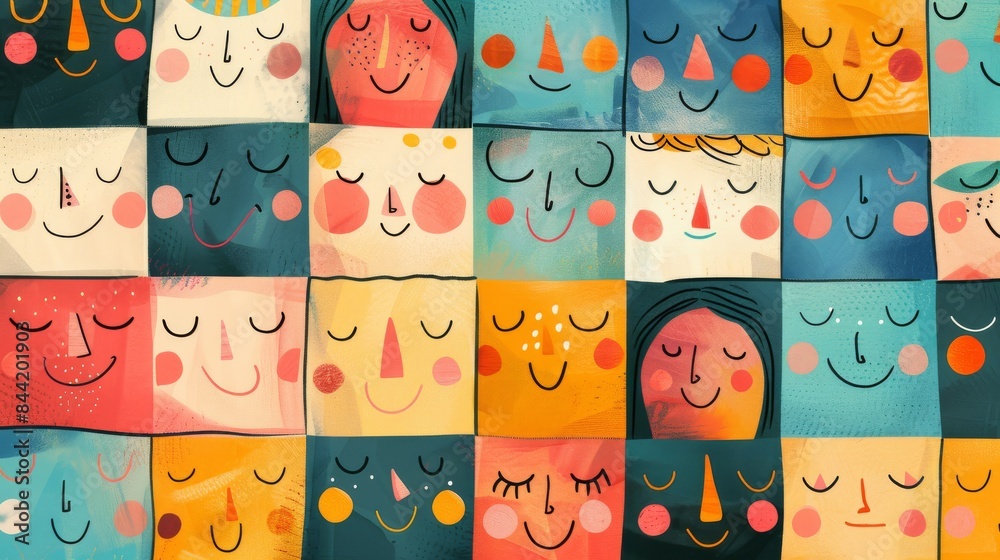Joyful faces arranged in an enchanting layout pattern, inviting exploration Joyful faces arranged in an enchanting layout pattern, inviting exploration