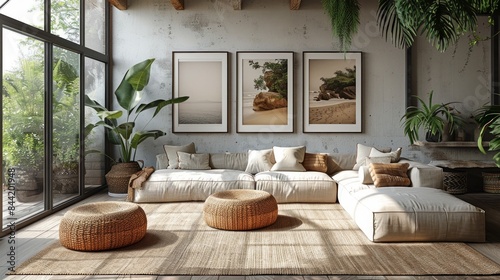 The photo shows a living room with a large comfortable sofa, coffee table and some plants
