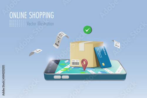 Online shopping and delivery with credit card payment and guaranteed product. Shipping carton box on smartphone delivery map. Secure money and consumer right protection. Financial technology 3D vector