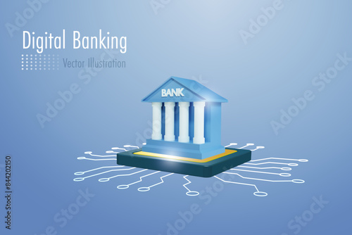 Digital banking. Virtual bank building on microchip circuit. Financial innovation technology, online payment with security service. 3D vector.