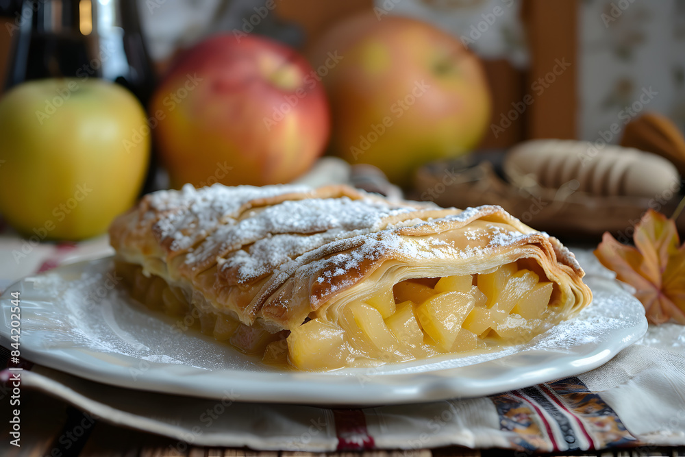 Apple strudel beautifully presented on a plate with festive decorations. Apple strudel beautifully presented on a plate with festive decorations.