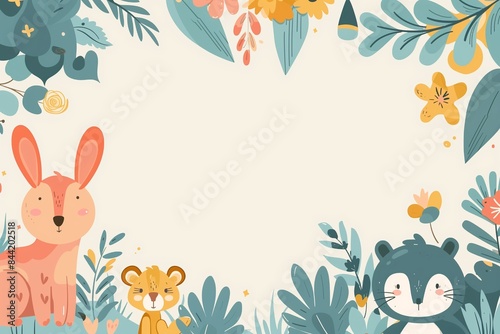 Minimal Cartoon Border with Cute Baby Animals and Simple Shapes © -DEAR-