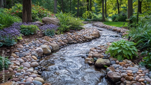 A beautiful shot of a babbling brook, with lush greenery and colorful flowers on the banks. The water is crystal clear. photo