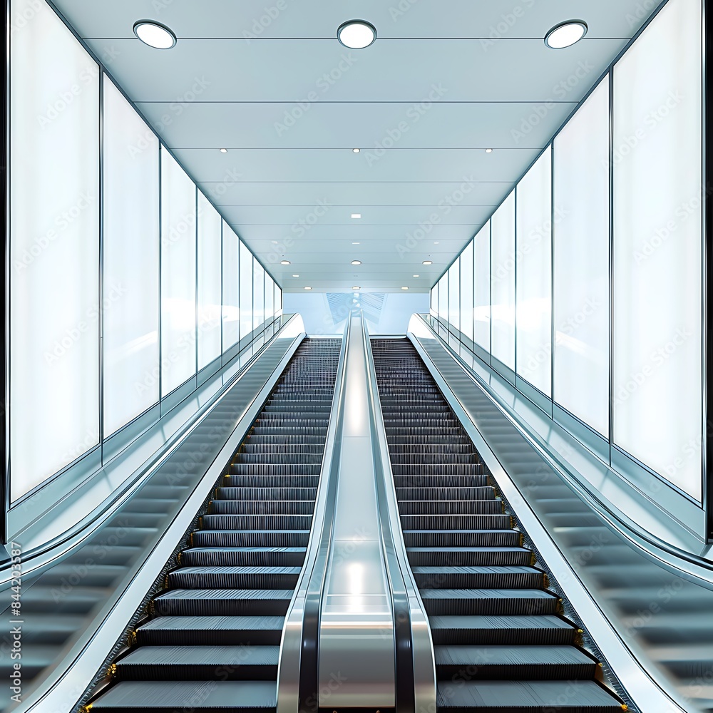 Horizontal blank ad poster along the side panels of a subway station escalator, perfect for visibility. Horizontal blank ad poster along the side panels of a subway station escalator, perfect for visibility.