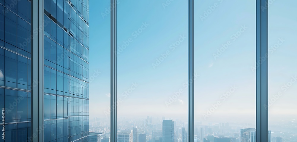 Fototapeta premium Downtown skyscraper's window with an ultra-tall street art sticker, blue sky background.