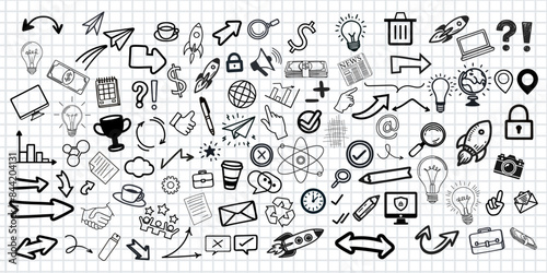 Hand draw technology sketch icon doodle set design. doodle art business hand drawn vector simple. with flowchart, statistic and element component business.