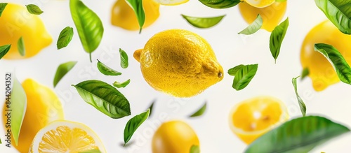 Fresh lemons with green leaves falling in the air, isolated on a white background to create a captivating food levitation concept. High-resolution image. photo