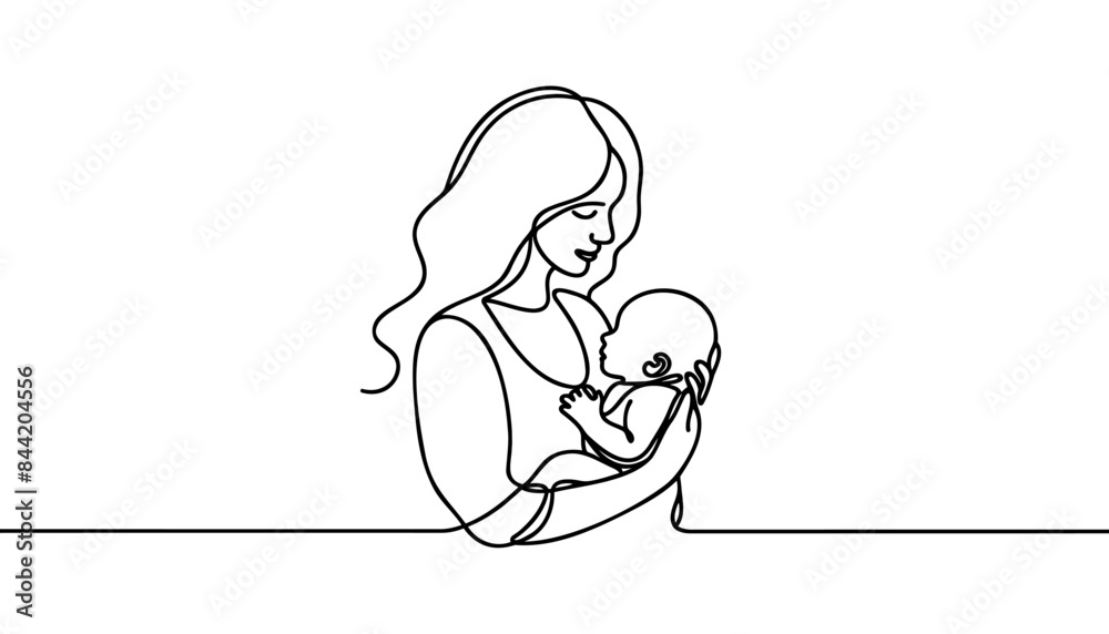 Minimalistic silhouette of woman holding baby Liner drawing Vector illustration. Mother and child concept. Minimalistic silhouette of woman holding baby Liner drawing Vector illustration. Mother and child concept.