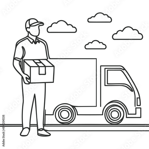 Delivery man stand and holding a goods parcel in front of a delivery van and ready for going to fast express deliver food or product to customer.