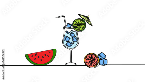 Fresh cocktail with ice. Glass of water with ice. Continuous one line drawing. Vector illustration
