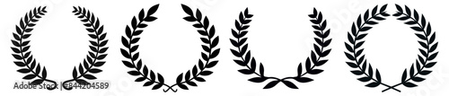 Set black silhouette circular laurel foliate, wheat and oak wreaths depicting an award, achievement, heraldry, nobility on white background. Emblem floral Greek branch flat style - stock vector.