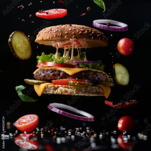Falling hamburger with delicious ingredients, tomato slice, lettuce, splash of sauce, meat.Delicious cheeseburger banner and mockup.  photo